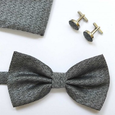 Set papion, batista si butoni gri cu model negru CARNIA